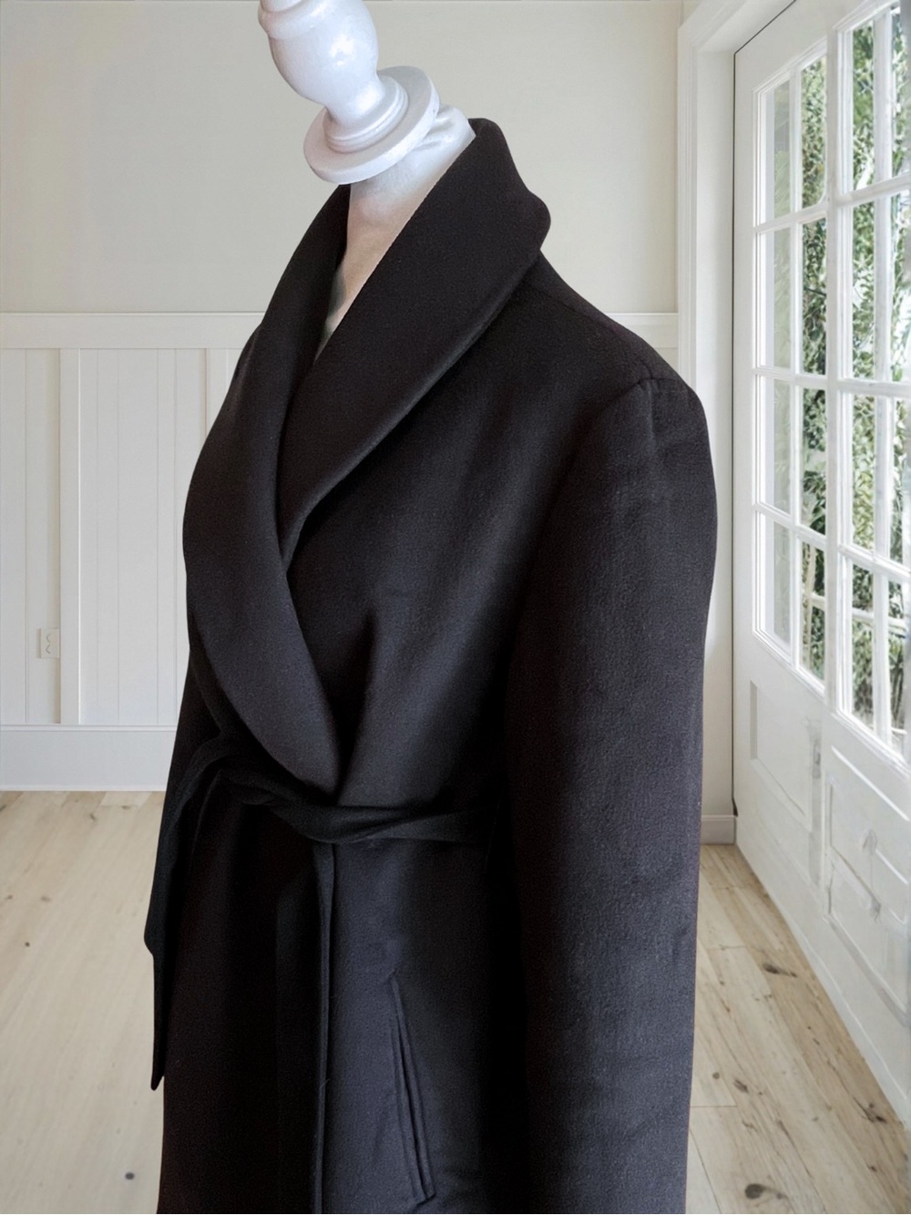 Vintage FLEURETTE Women's Black Wool Cashmere Shawl Collar Wrap Belted Coat Sz 6 - Picture 4 of 17